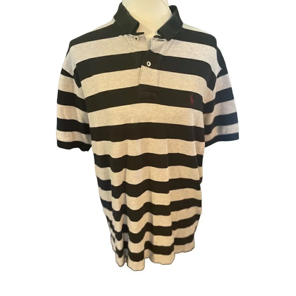 Polo Ralph Lauren Men's Gray Black Striped Short Sleeve Polo Shirt Size Large